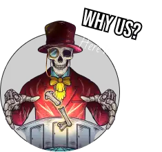 Why Choose Us section badge with skeleton mascot for Huddy's Escape Room.